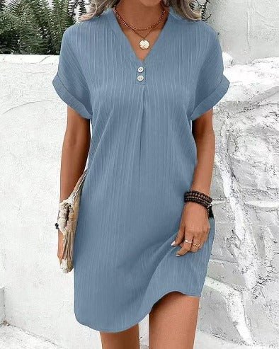Effortless Shift Dress for Women V-Neck Short-Sleeve Ribbed