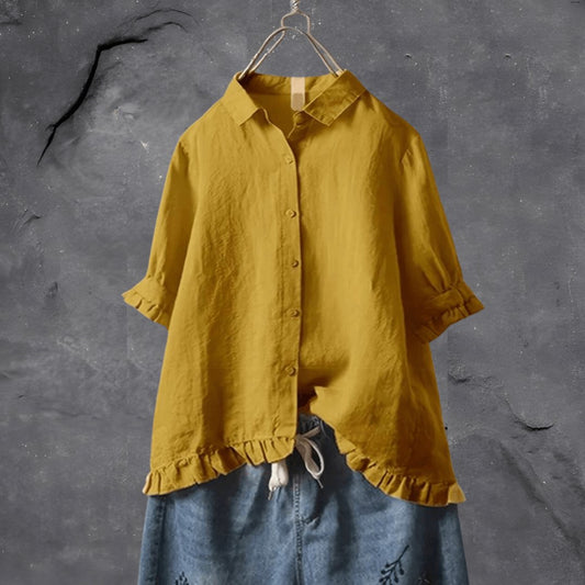 Effortless Blouse for Women Button-Front Collared Ruffle-Hem