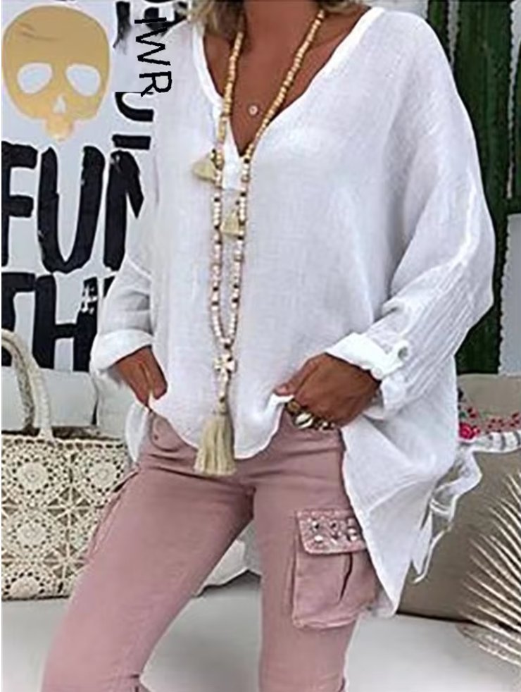 Effortless Linen Blouse for Women V-Neck Long-Sleeve Relaxed-Fit