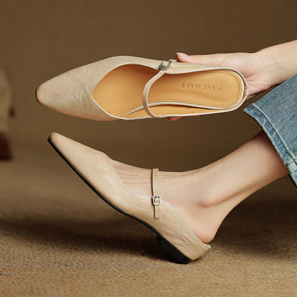 Stylish Leather Mules for Women Pointed-Toe Mary-Jane-Strap