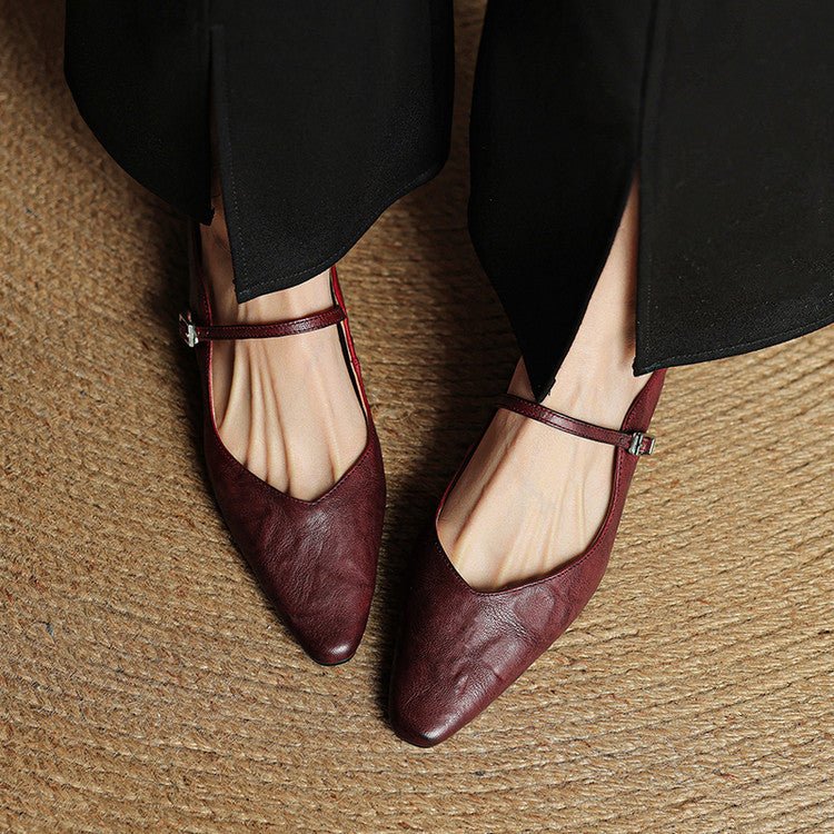 Stylish Leather Mules for Women Pointed-Toe Mary-Jane-Strap