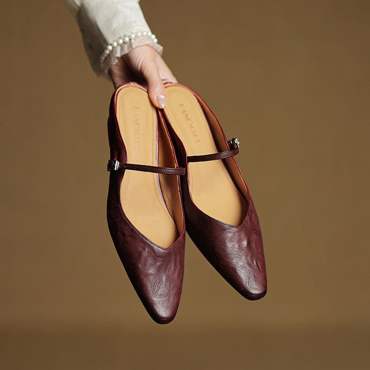 Stylish Leather Mules for Women Pointed-Toe Mary-Jane-Strap