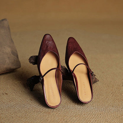 Stylish Leather Mules for Women Pointed-Toe Mary-Jane-Strap