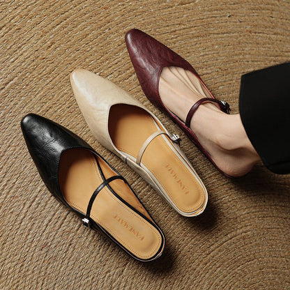 Stylish Leather Mules for Women Pointed-Toe Mary-Jane-Strap