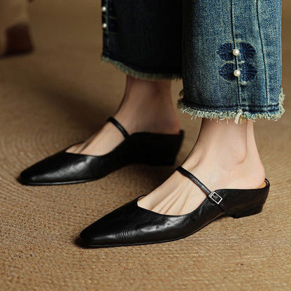Stylish Leather Mules for Women Pointed-Toe Mary-Jane-Strap