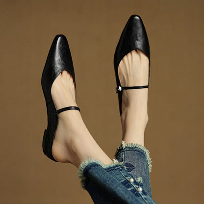 Stylish Leather Mules for Women Pointed-Toe Mary-Jane-Strap