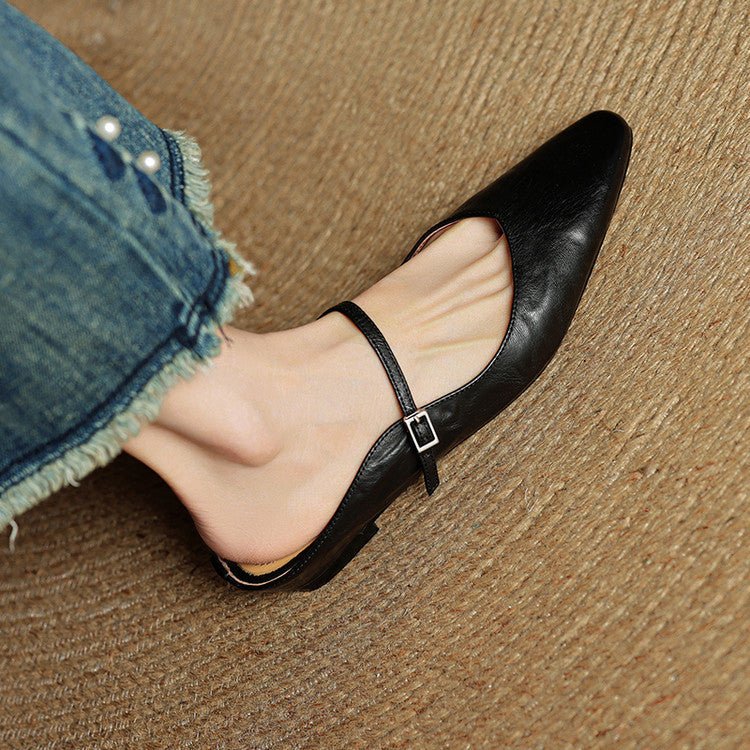 Stylish Leather Mules for Women Pointed-Toe Mary-Jane-Strap