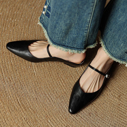 Stylish Leather Mules for Women Pointed-Toe Mary-Jane-Strap