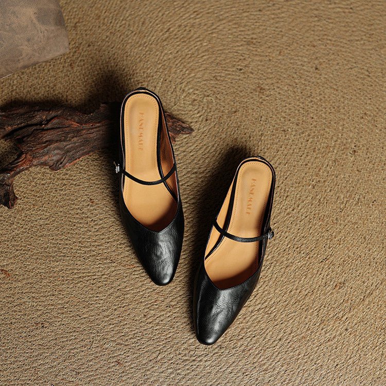Stylish Leather Mules for Women Pointed-Toe Mary-Jane-Strap