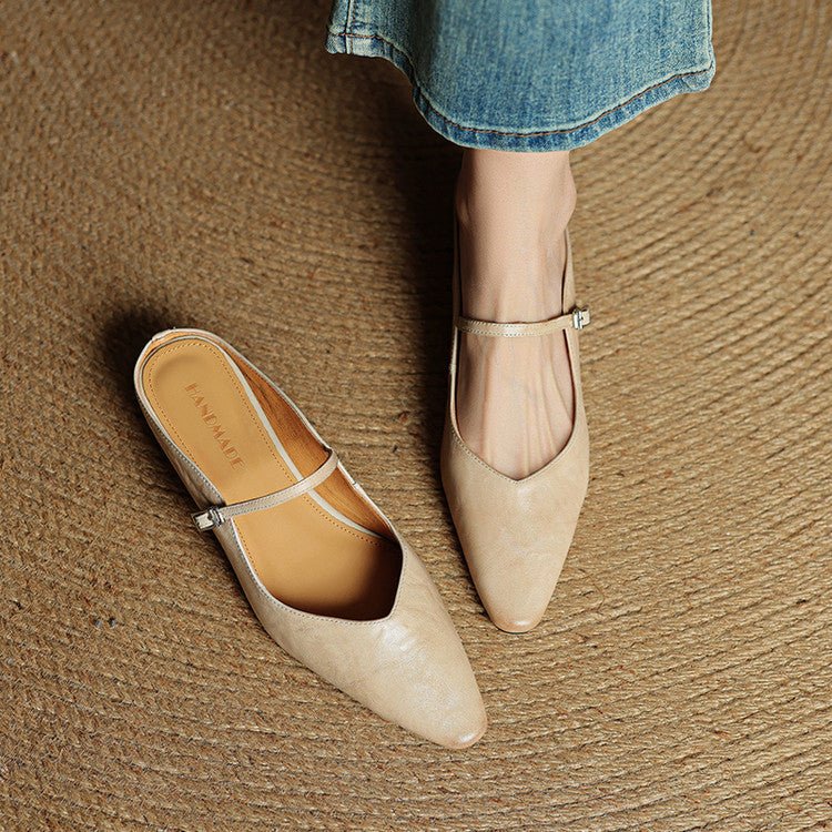 Stylish Leather Mules for Women Pointed-Toe Mary-Jane-Strap