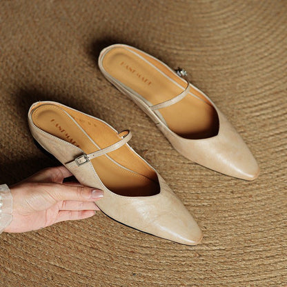 Stylish Leather Mules for Women Pointed-Toe Mary-Jane-Strap