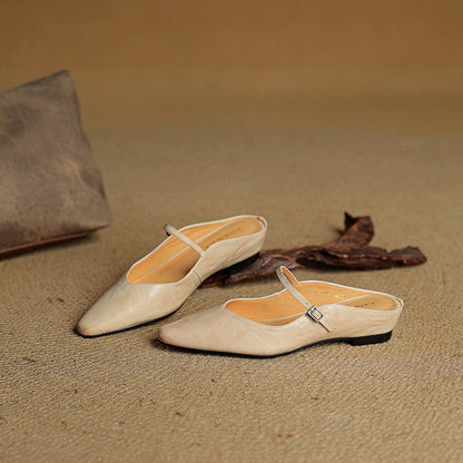 Stylish Leather Mules for Women Pointed-Toe Mary-Jane-Strap