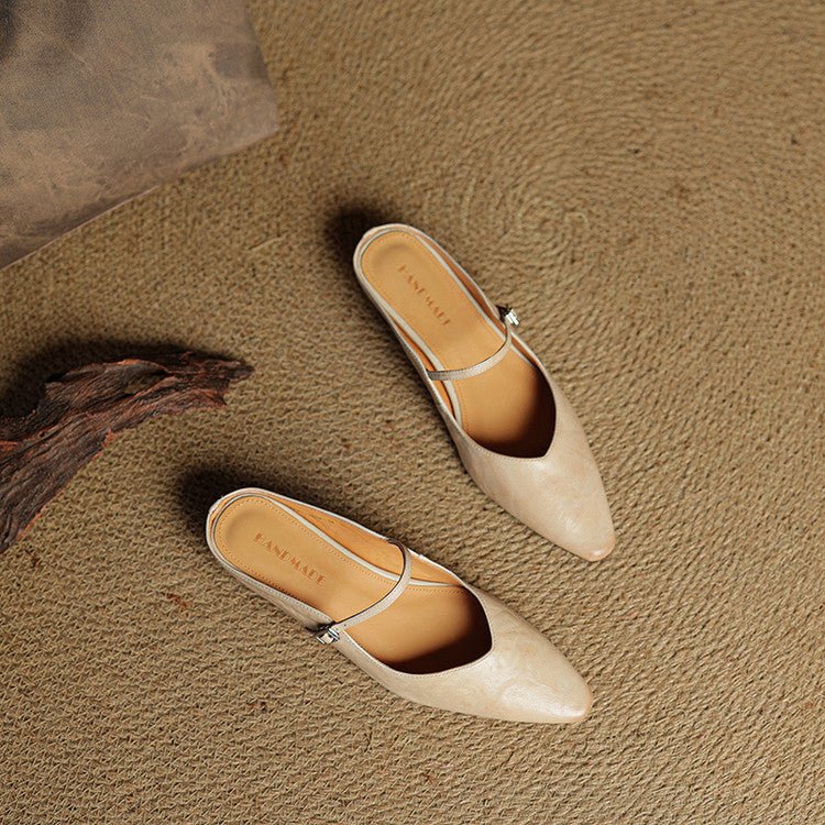 Stylish Leather Mules for Women Pointed-Toe Mary-Jane-Strap