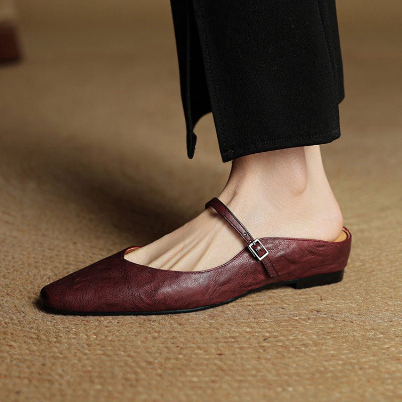 Stylish Leather Mules for Women Pointed-Toe Mary-Jane-Strap