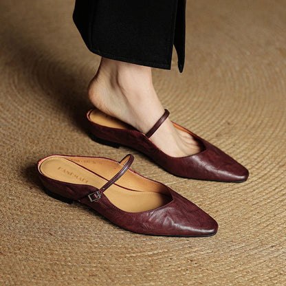 Stylish Leather Mules for Women Pointed-Toe Mary-Jane-Strap