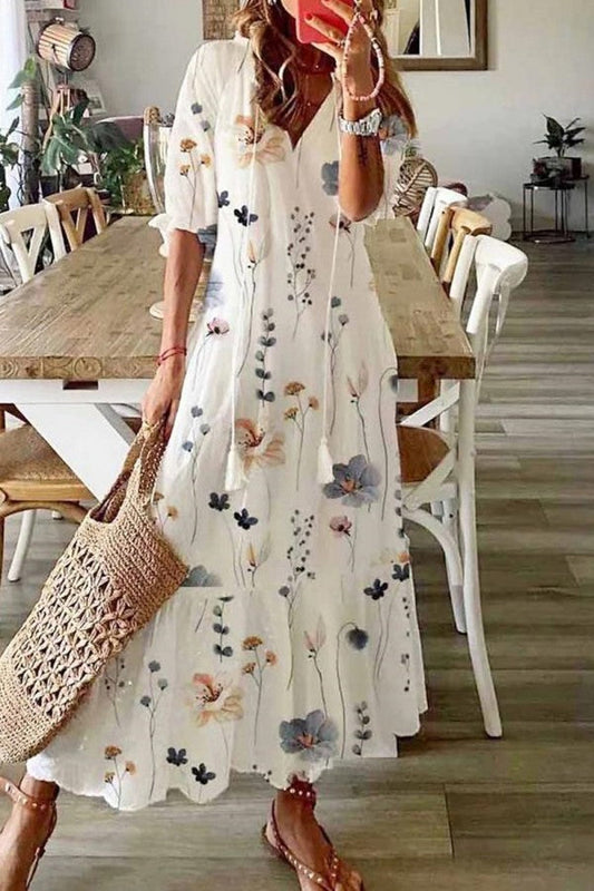 Effortless Floral Maxi Dress for Women V-Neck Short-Sleeve