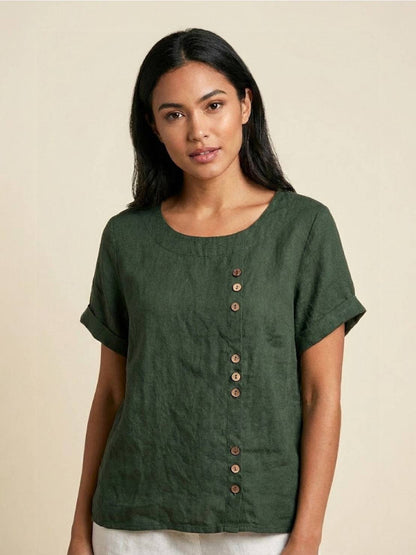 Effortless Blouse for Women Round-Neck Button-Front Short-Sleeve