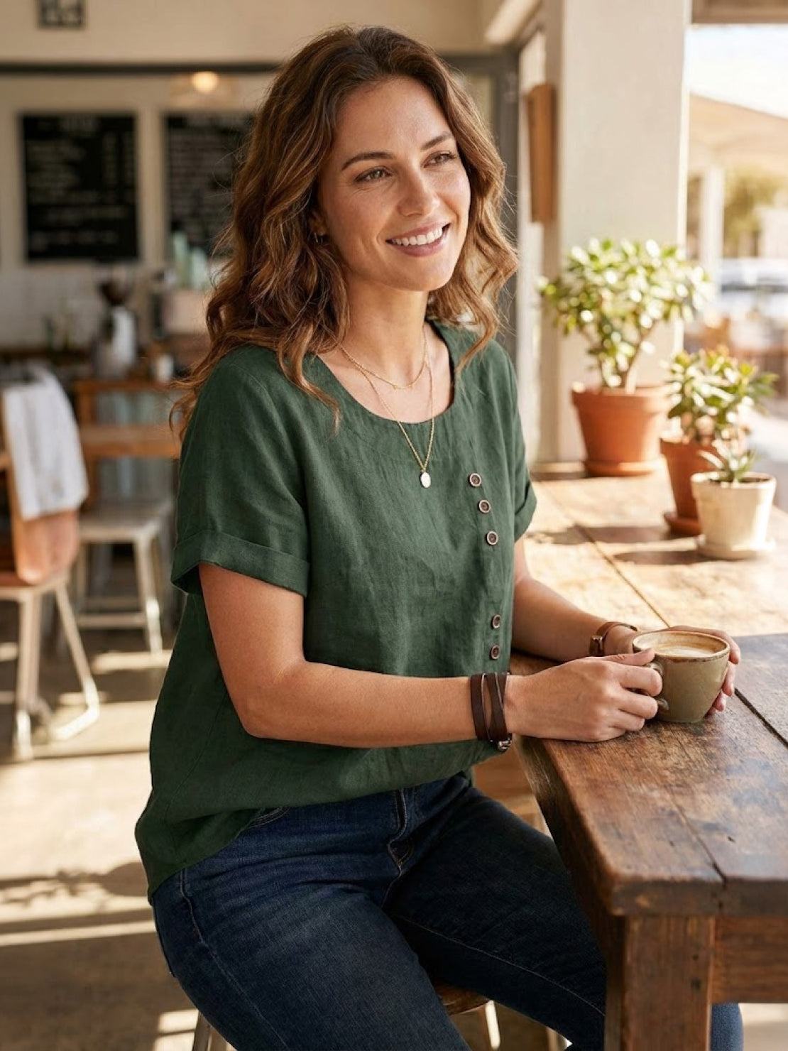 Effortless Blouse for Women Round-Neck Button-Front Short-Sleeve
