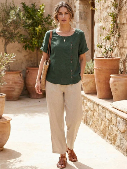 Effortless Blouse for Women Round-Neck Button-Front Short-Sleeve