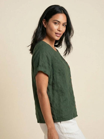 Effortless Blouse for Women Round-Neck Button-Front Short-Sleeve