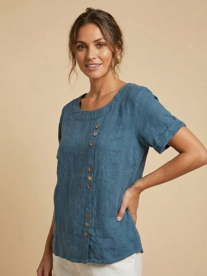 Effortless Blouse for Women Round-Neck Button-Front Short-Sleeve