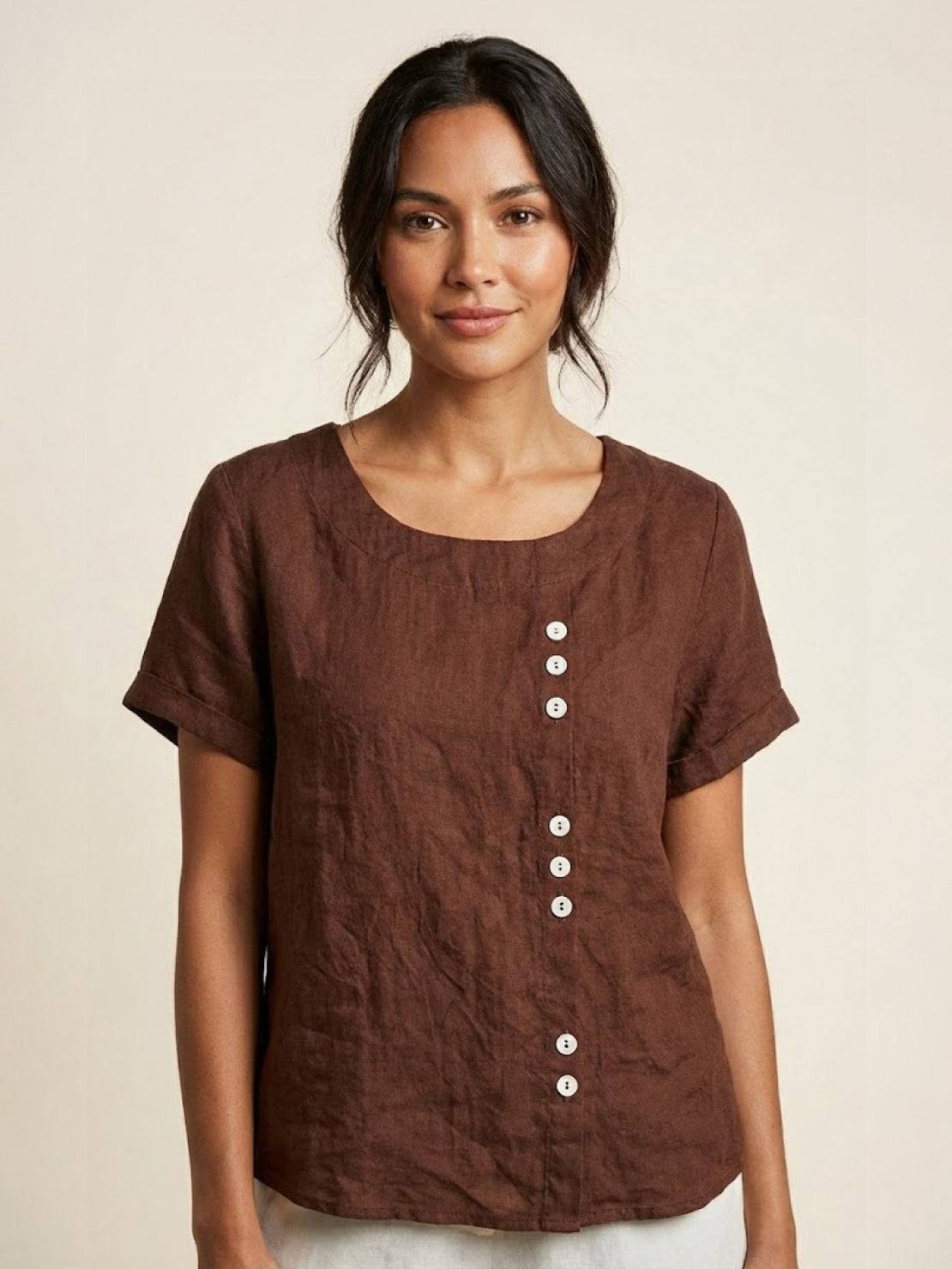 Effortless Blouse for Women Round-Neck Button-Front Short-Sleeve