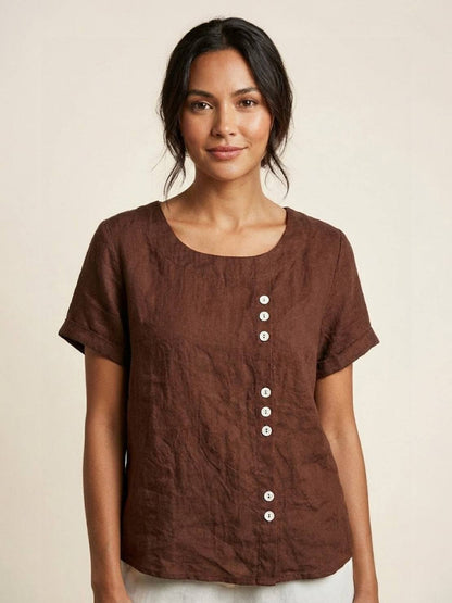 Effortless Blouse for Women Round-Neck Button-Front Short-Sleeve