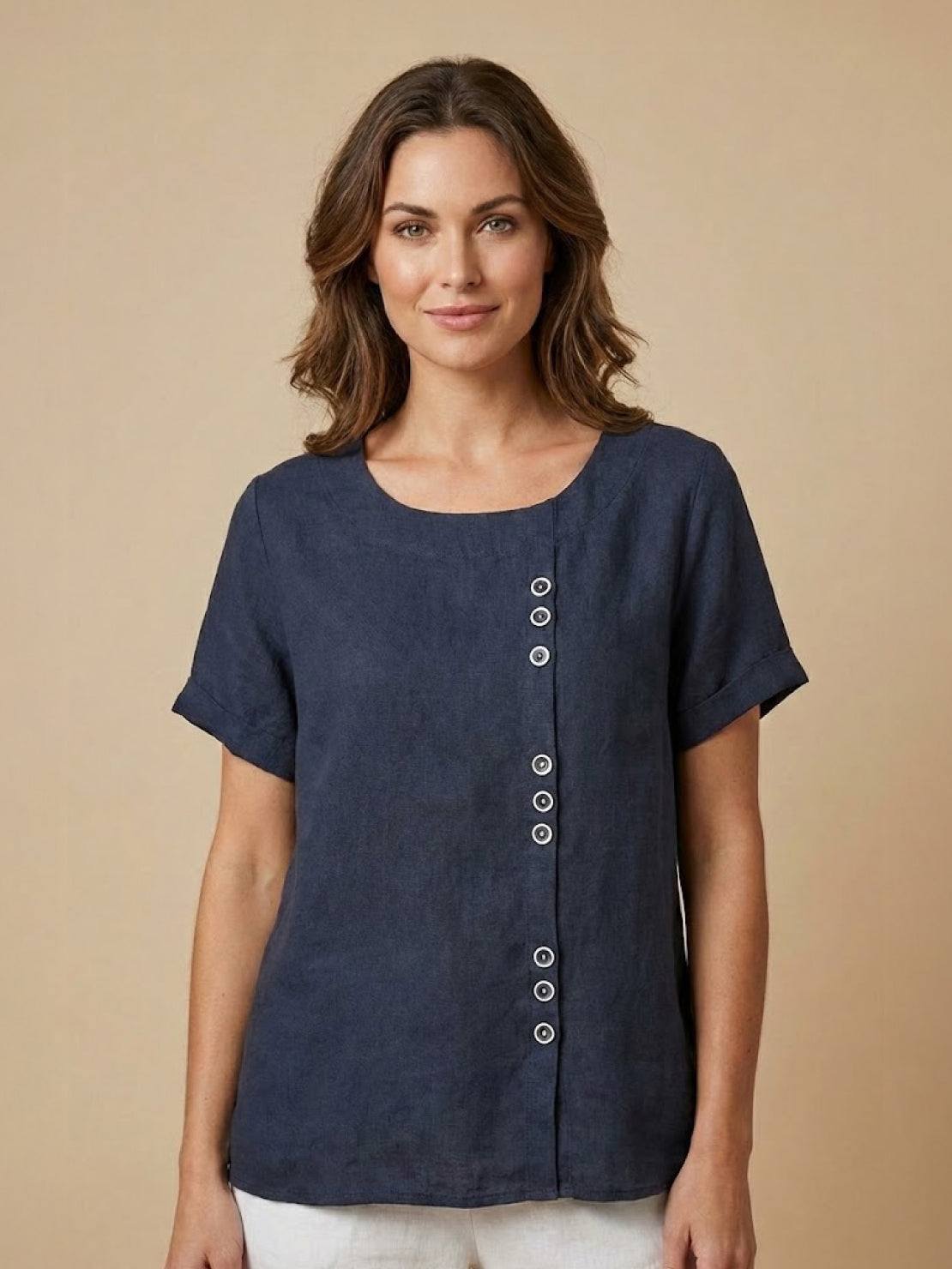 Effortless Blouse for Women Round-Neck Button-Front Short-Sleeve