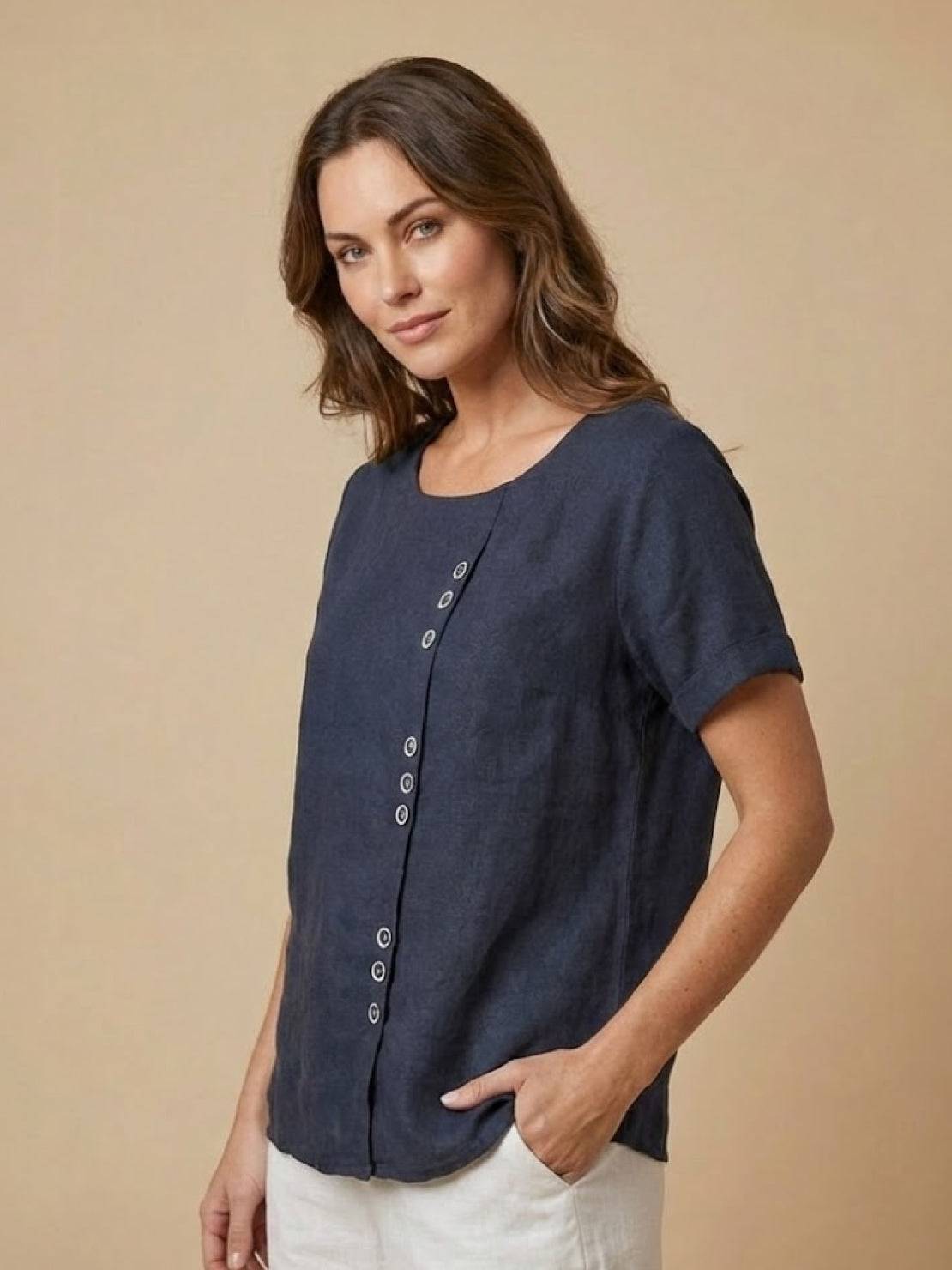 Effortless Blouse for Women Round-Neck Button-Front Short-Sleeve