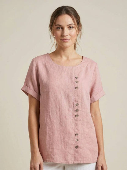 Effortless Blouse for Women Round-Neck Button-Front Short-Sleeve