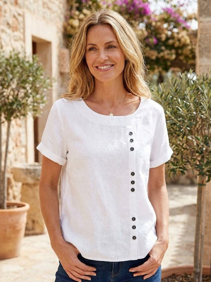 Effortless Blouse for Women Round-Neck Button-Front Short-Sleeve