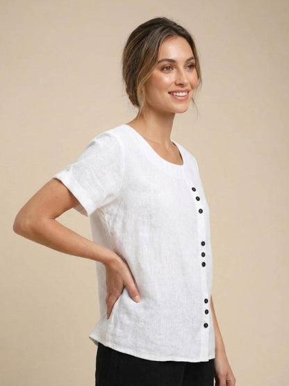 Effortless Blouse for Women Round-Neck Button-Front Short-Sleeve
