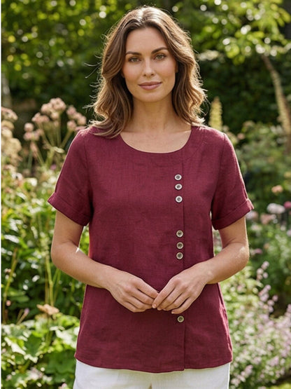 Effortless Blouse for Women Round-Neck Button-Front Short-Sleeve