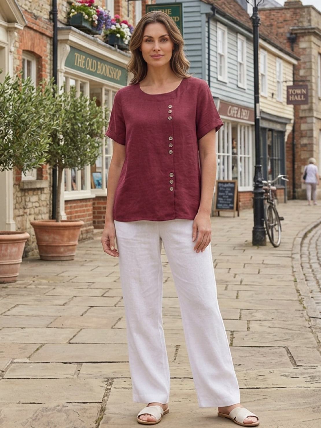 Effortless Blouse for Women Round-Neck Button-Front Short-Sleeve