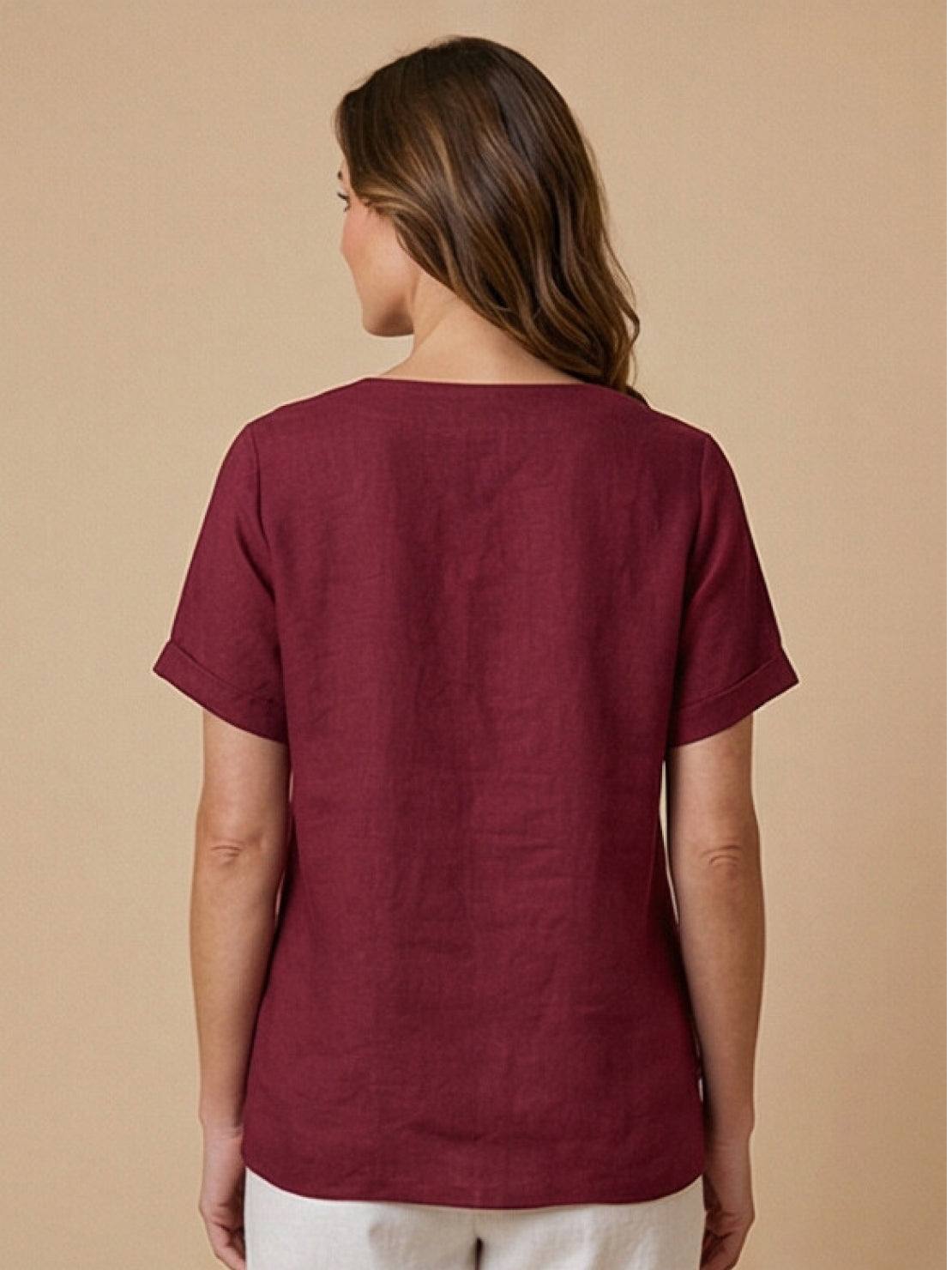 Effortless Blouse for Women Round-Neck Button-Front Short-Sleeve