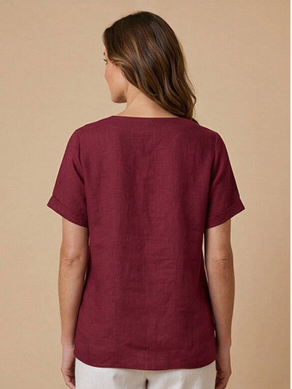 Effortless Blouse for Women Round-Neck Button-Front Short-Sleeve