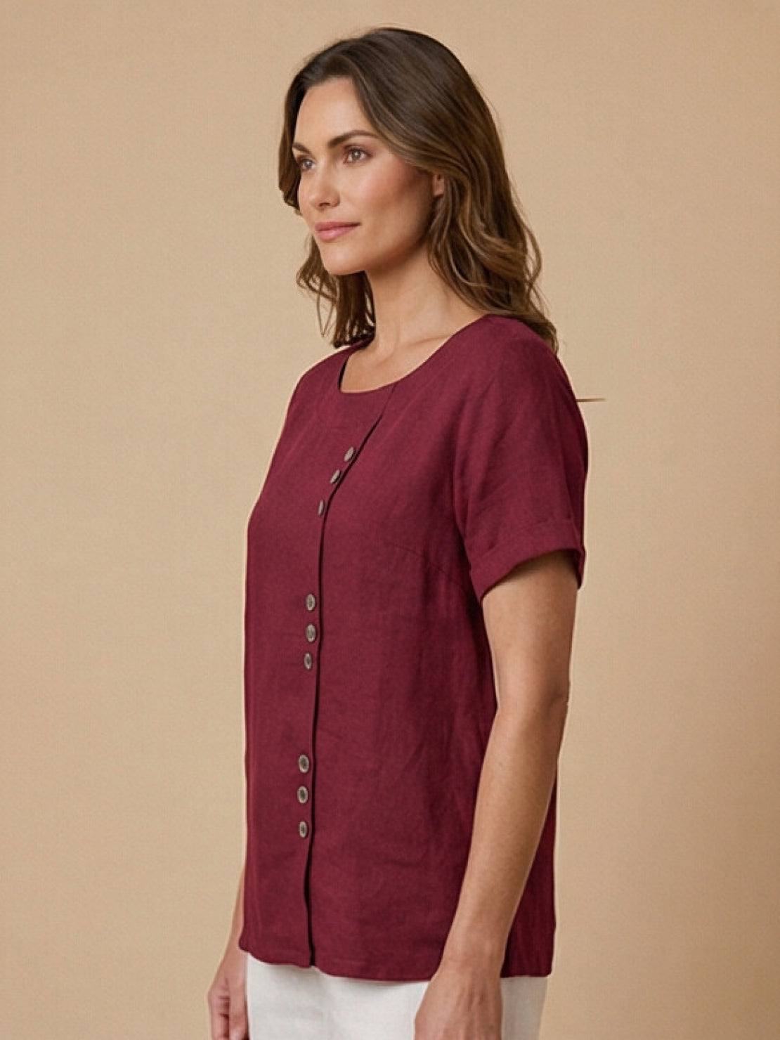 Effortless Blouse for Women Round-Neck Button-Front Short-Sleeve