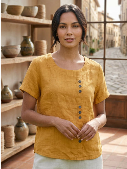 Effortless Blouse for Women Round-Neck Button-Front Short-Sleeve