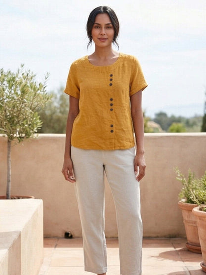 Effortless Blouse for Women Round-Neck Button-Front Short-Sleeve