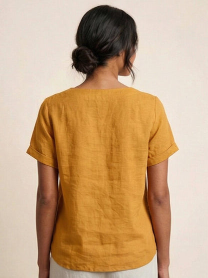 Effortless Blouse for Women Round-Neck Button-Front Short-Sleeve