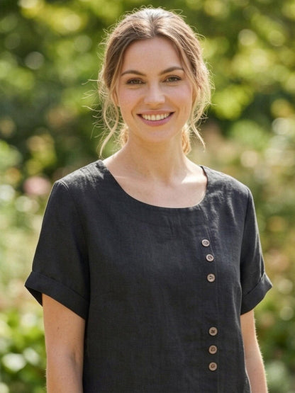 Effortless Blouse for Women Round-Neck Button-Front Short-Sleeve