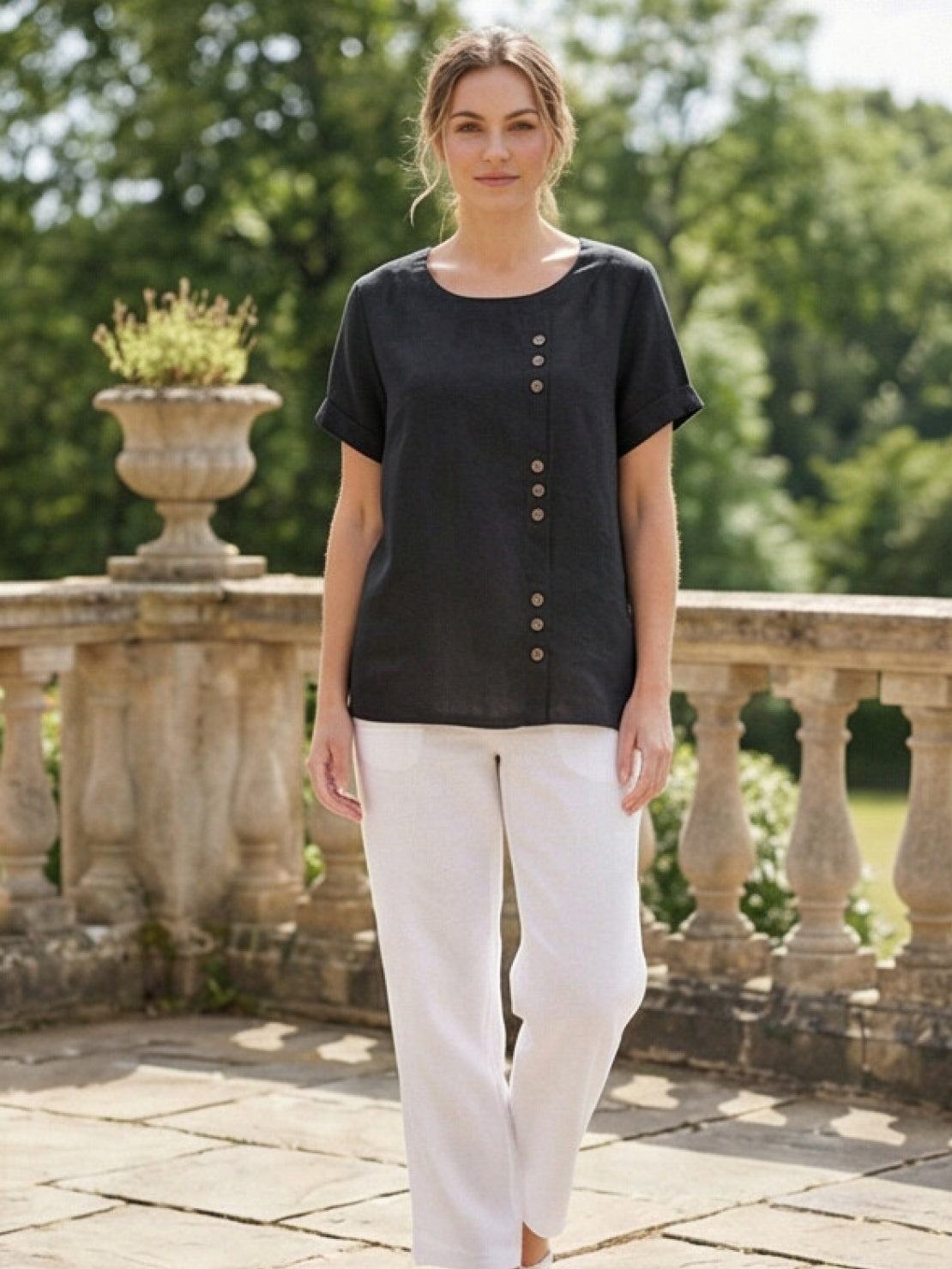 Effortless Blouse for Women Round-Neck Button-Front Short-Sleeve