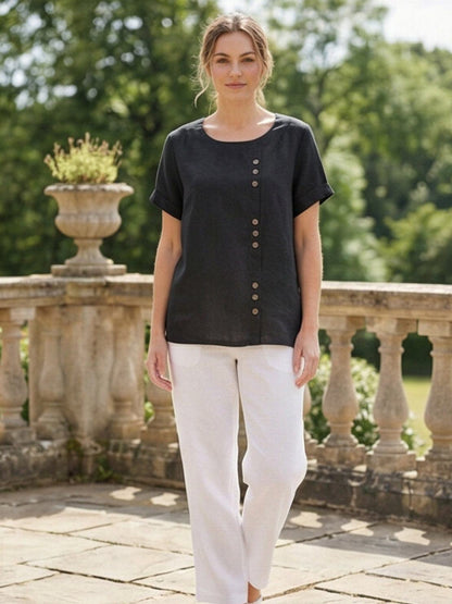 Effortless Blouse for Women Round-Neck Button-Front Short-Sleeve
