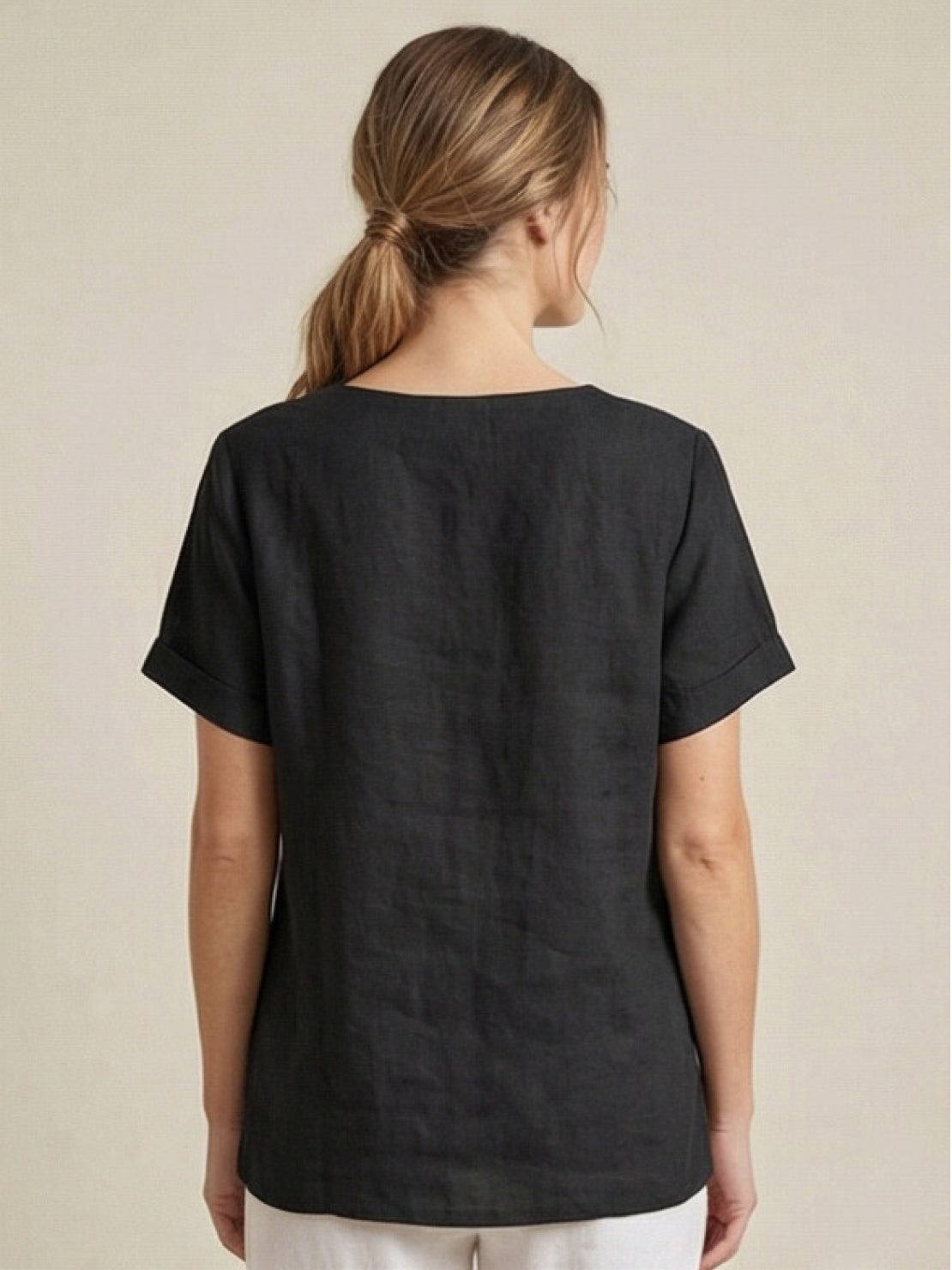 Effortless Blouse for Women Round-Neck Button-Front Short-Sleeve