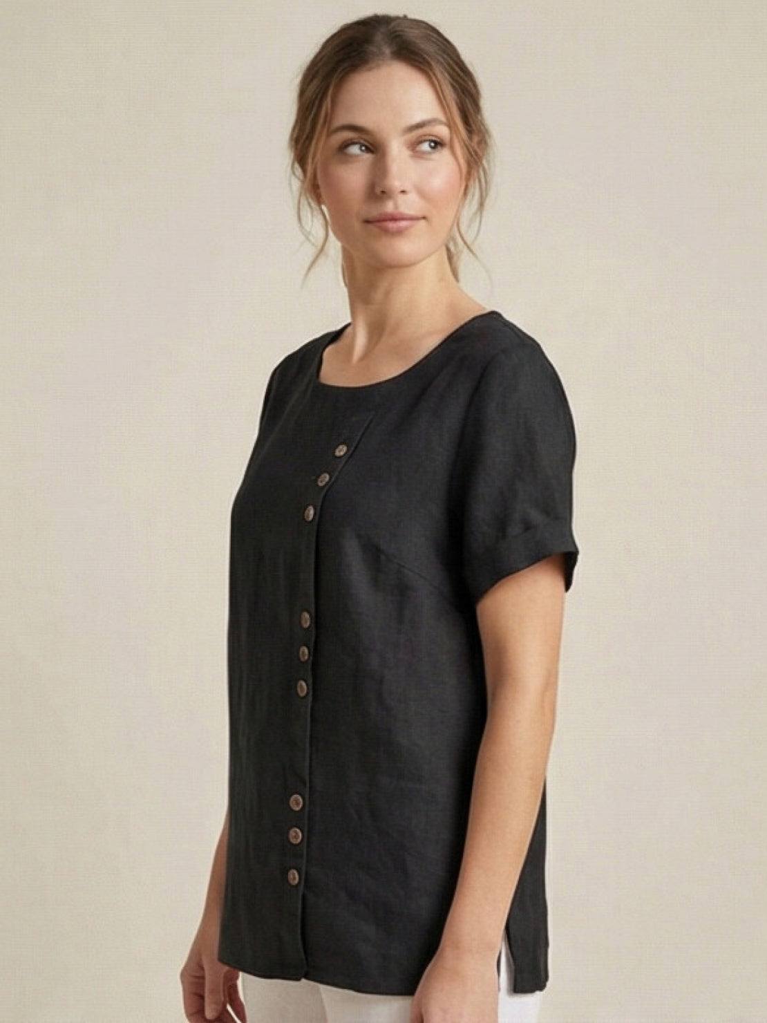 Effortless Blouse for Women Round-Neck Button-Front Short-Sleeve
