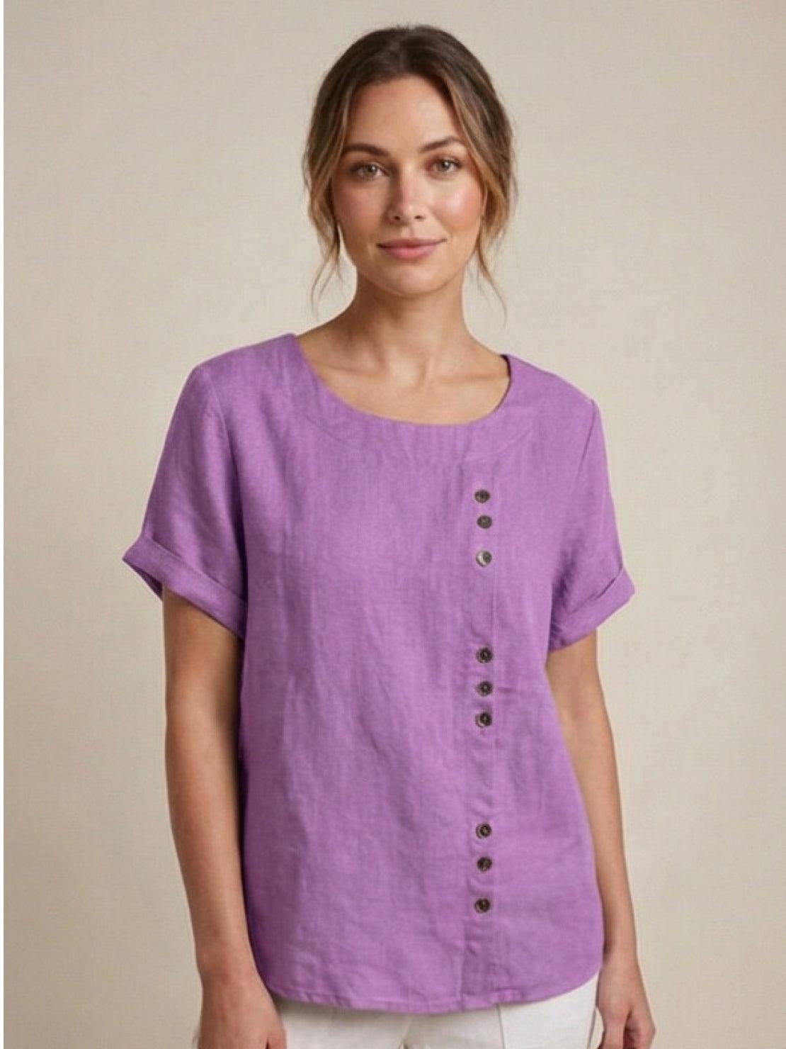 Effortless Blouse for Women Round-Neck Button-Front Short-Sleeve