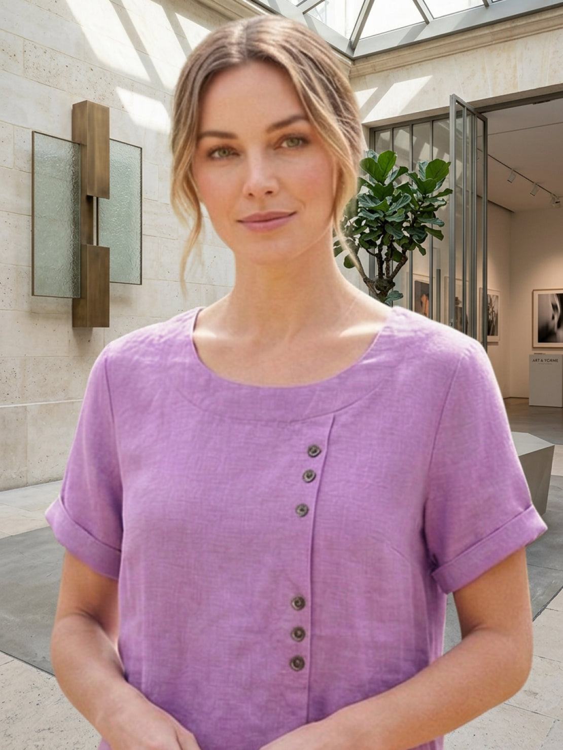 Effortless Blouse for Women Round-Neck Button-Front Short-Sleeve