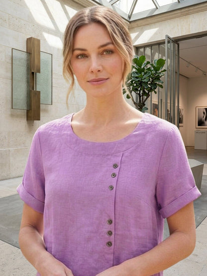 Effortless Blouse for Women Round-Neck Button-Front Short-Sleeve