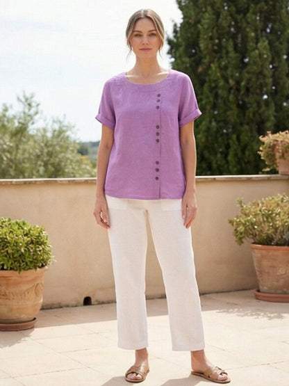 Effortless Blouse for Women Round-Neck Button-Front Short-Sleeve