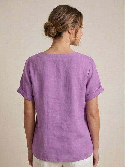 Effortless Blouse for Women Round-Neck Button-Front Short-Sleeve